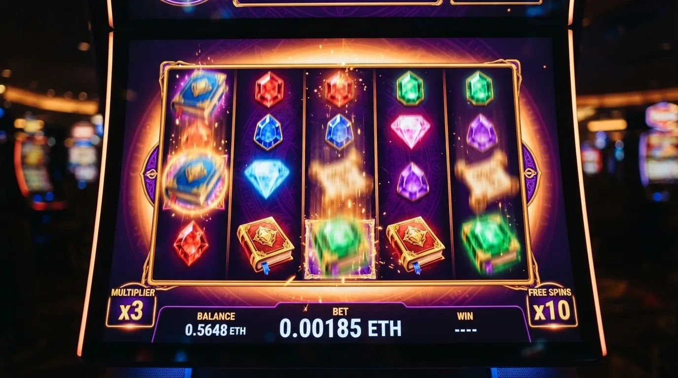 Schermata di una slot machine online con rulli, moltiplicatori e l'indicazione della puntata in Dogecoin