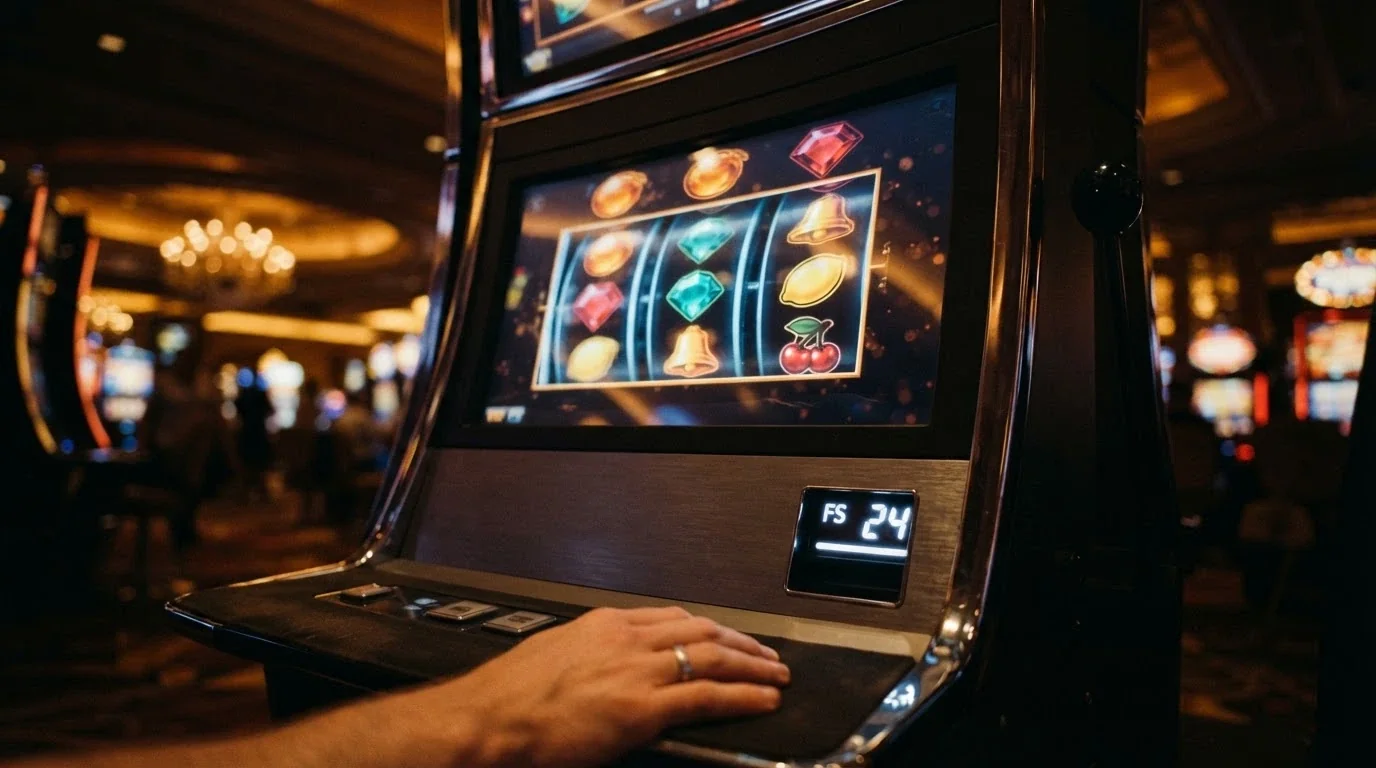 Una slot machine con il contatore dei giri gratuiti attivo, lo schermo che mostra giri residui e un riquadro con le condizioni «vincite FS → saldo bonus, rollover 30x-50x»