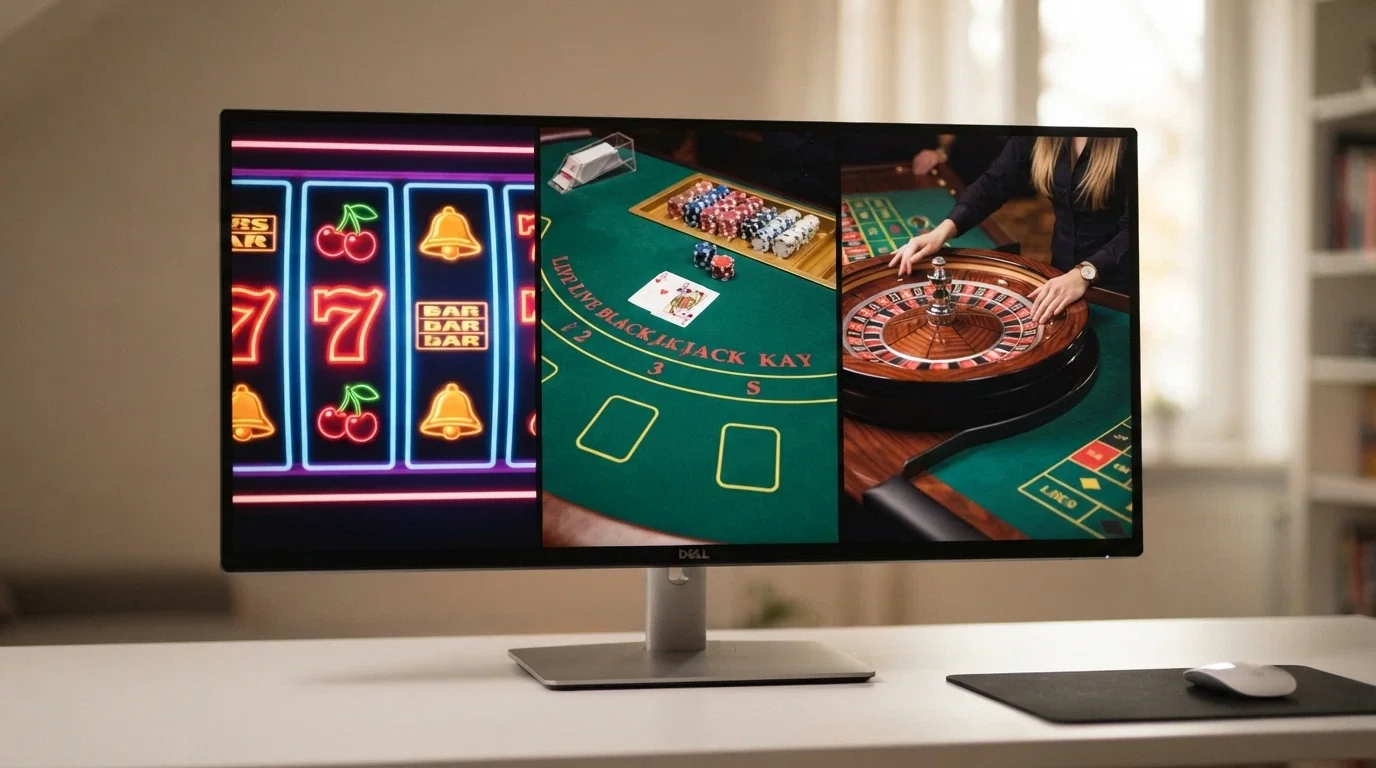 Una schermata di casinò online divisa in tre sezioni: slot machine colorate a sinistra, un tavolo da blackjack al centro e una roulette dal vivo con croupier sulla destra