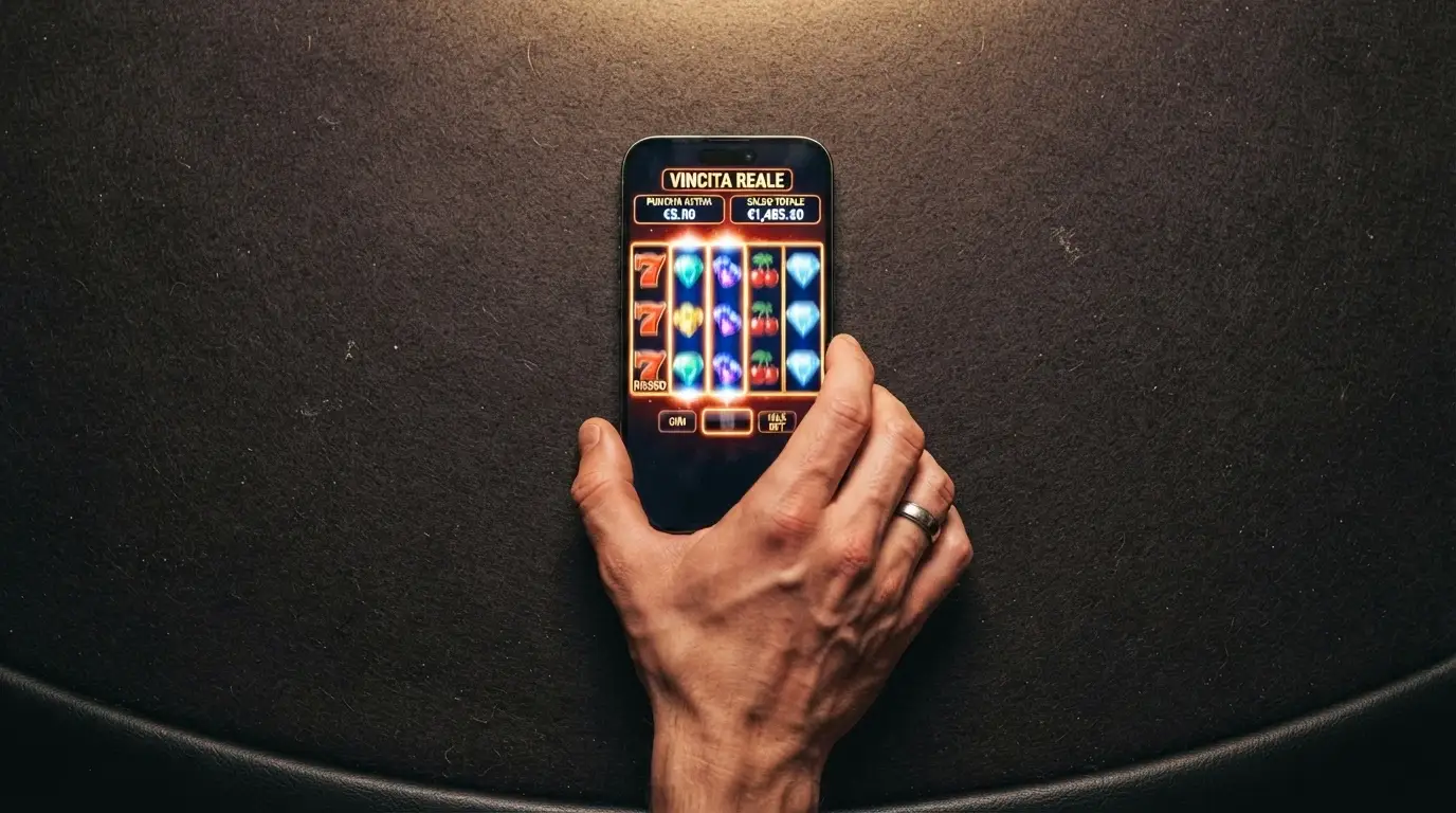 Una slot machine digitalizzata sullo schermo di un telefono Android con rulli in movimento e il logo Evolution Gaming