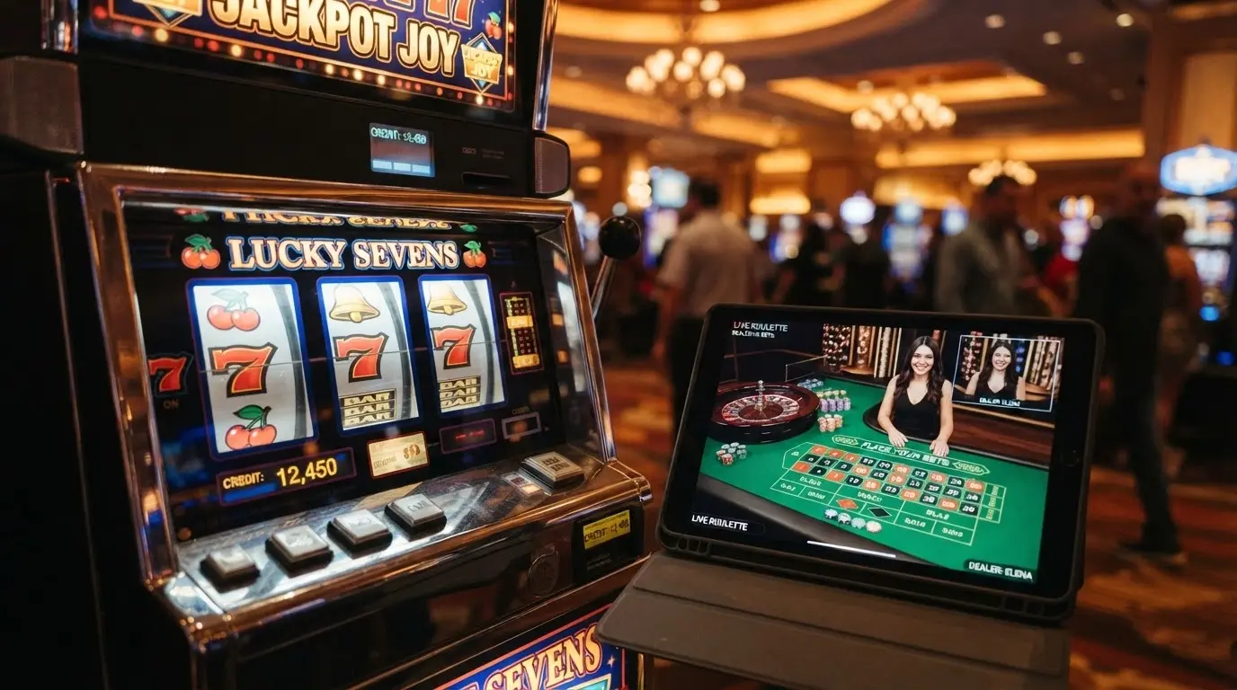 Una slot machine colorata in primo piano con un dealer live visibile sullo schermo di un tablet alle sue spalle