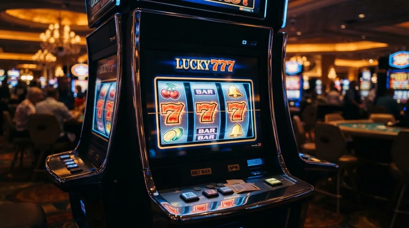 Rulli di una slot machine online colorata con simboli classici, su sfondo sfocato da casinò con luci calde