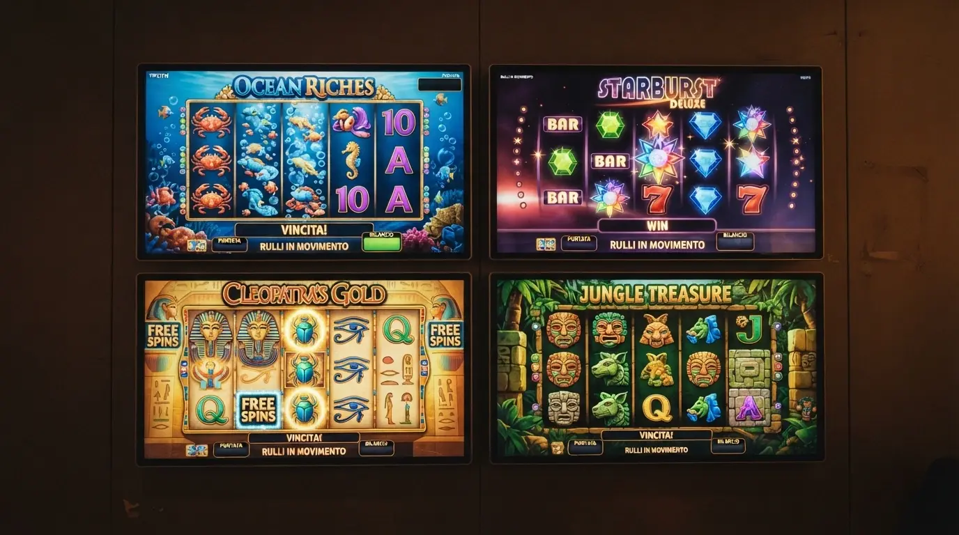 Una griglia con quattro slot machine dai colori vivaci in esecuzione simultanea su schermo