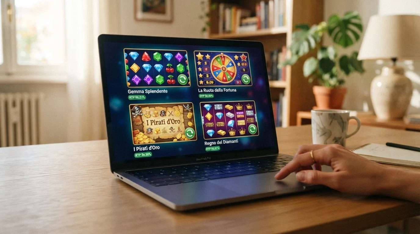 Griglia di slot machine online con le percentuali RTP evidenziate in verde: Book of Dead 96,21%, Starburst 96,09%, Gates of Olympus 96,50%, Sweet Bonanza 96,51%
