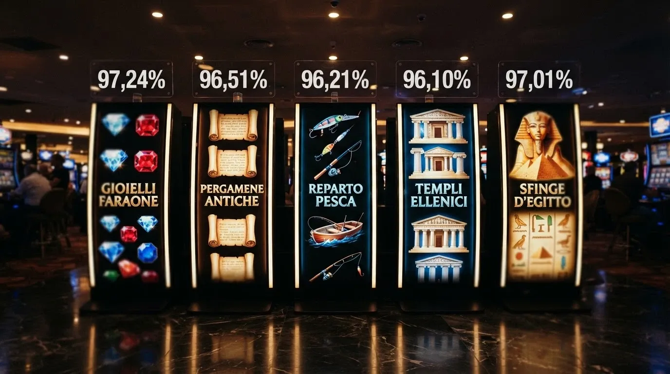 I rulli di cinque slot iconiche (Starburst, Book of Dead, Big Bass Bonanza, Gates of Olympus, Sphinx) allineati con il rispettivo RTP in sovraimpressione