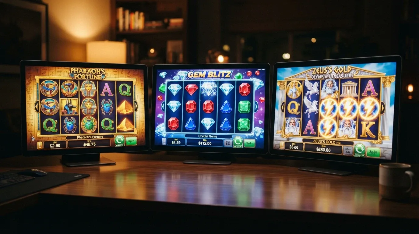 Tre slot machine digitali affiancate su desktop: Book of Dead, Starburst e Gates of Olympus, con i loghi di Play'n GO, NetEnt e Pragmatic Play visibili