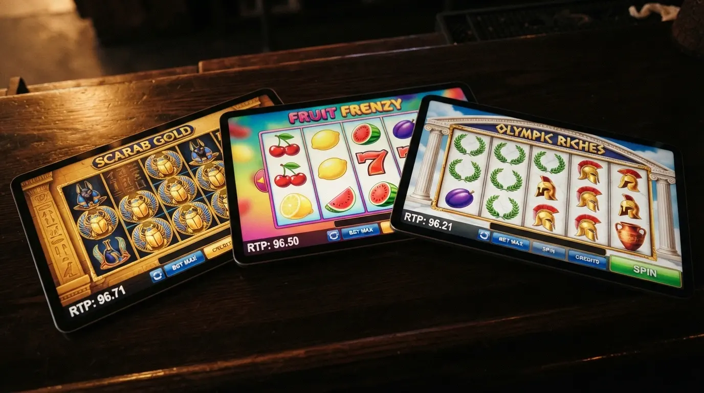 Tre schermate sovrapposte di slot machine diverse: una a tema egizio, una colorata con frutti, una con colonne greche — ciascuna con il proprio valore RTP visibile