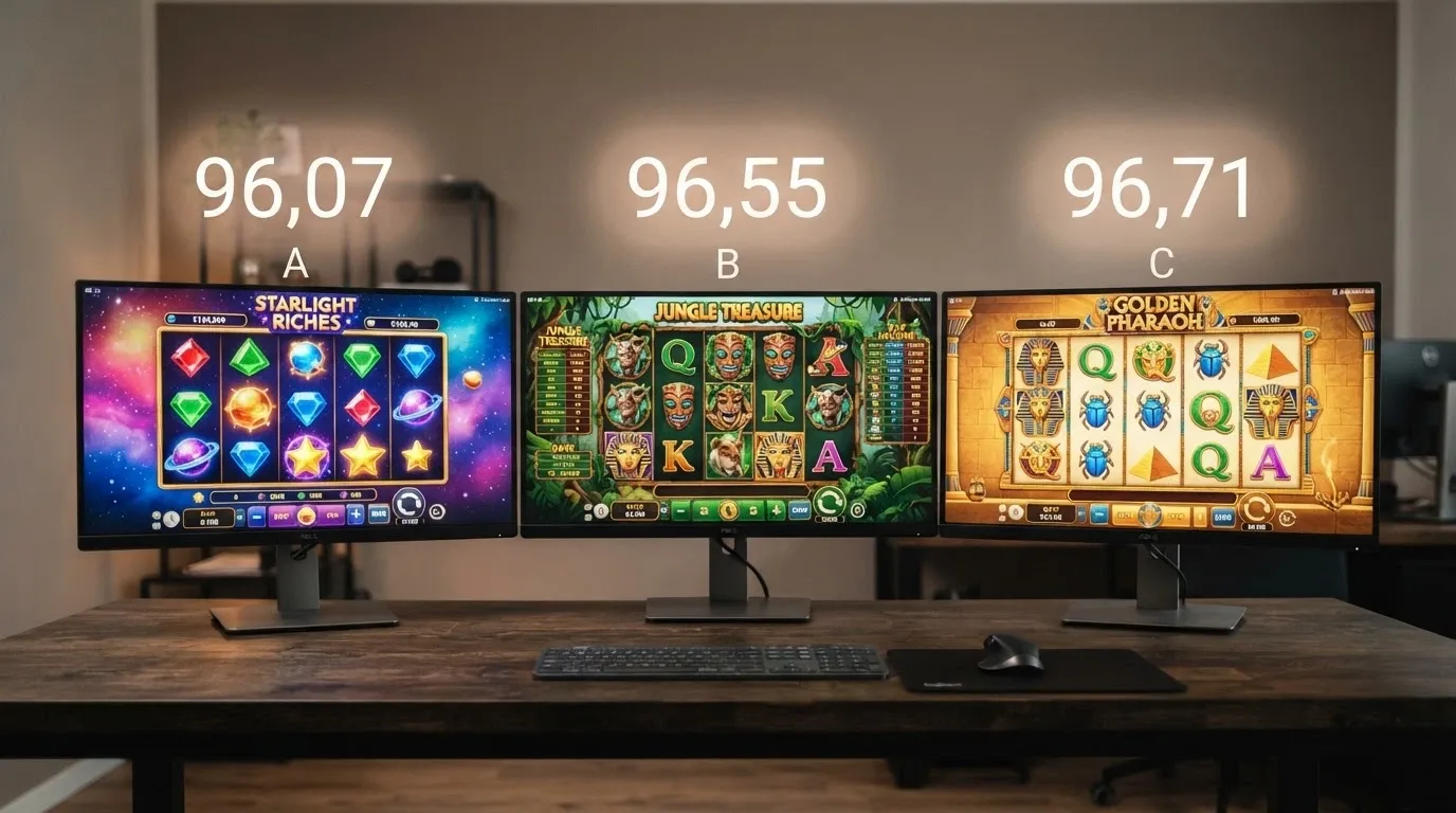 Tre slot machine online affiancate — una classica a frutta, una a tema avventura egiziana, una a tema pesca — con la percentuale RTP sovrapposta su ciascuna