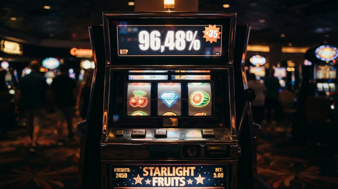 Una slot machine digitale con i rulli in movimento e in sovrimpressione la percentuale RTP e il moltiplicatore del wagering