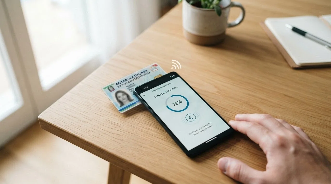 Uno smartphone con NFC attivo avvicinato a una CIE fisica, con la schermata dell'app CieID in primo piano