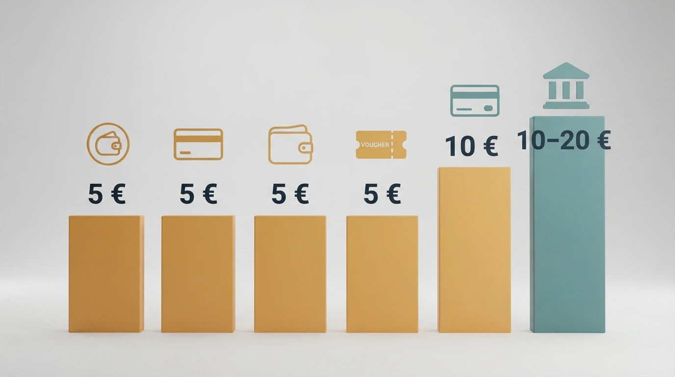Una infografica comparativa con le icone di PayPal, Postepay, Skrill, Paysafecard, Visa e bonifico bancario affiancate dalle rispettive soglie minime in euro