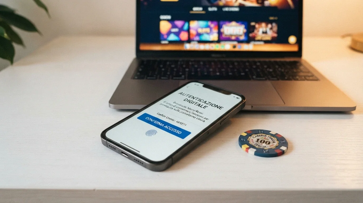 Uno smartphone con la schermata di login SPID accanto alla Carta d'Identità Elettronica, con l'interfaccia di un casinò sullo sfondo