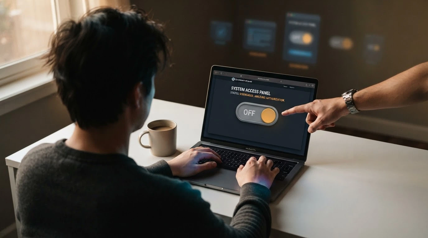Uno schermo con il portale ADM aperto sulla pagina dell'autoesclusione: un interruttore virtuale in posizione «off» e un dito che sta per attivarlo, sullo sfondo i loghi dei casinò che si spengono in dissolvenza