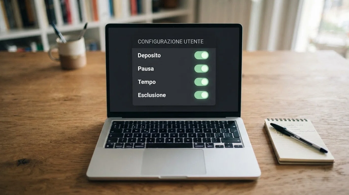Una persona seduta davanti al computer con a fianco un pannello di controllo che mostra interruttori etichettati «limite deposito», «autoesclusione», «pausa», «monitoraggio tempo» — tutti in posizione ON