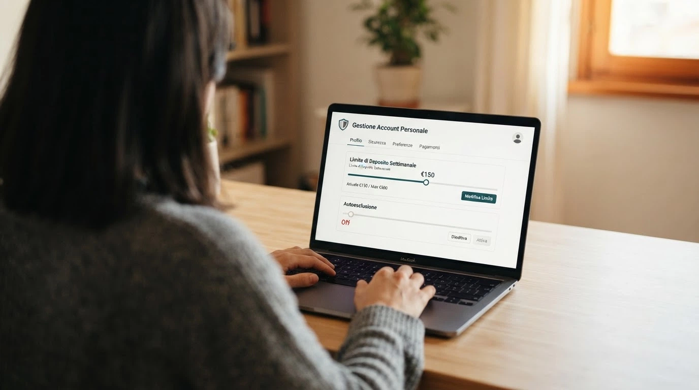 Lo schermo di un'area personale di un casinò online con i cursori «Limite di deposito settimanale» e «Autoesclusione» in primo piano, il logo RUA visibile nell'angolo