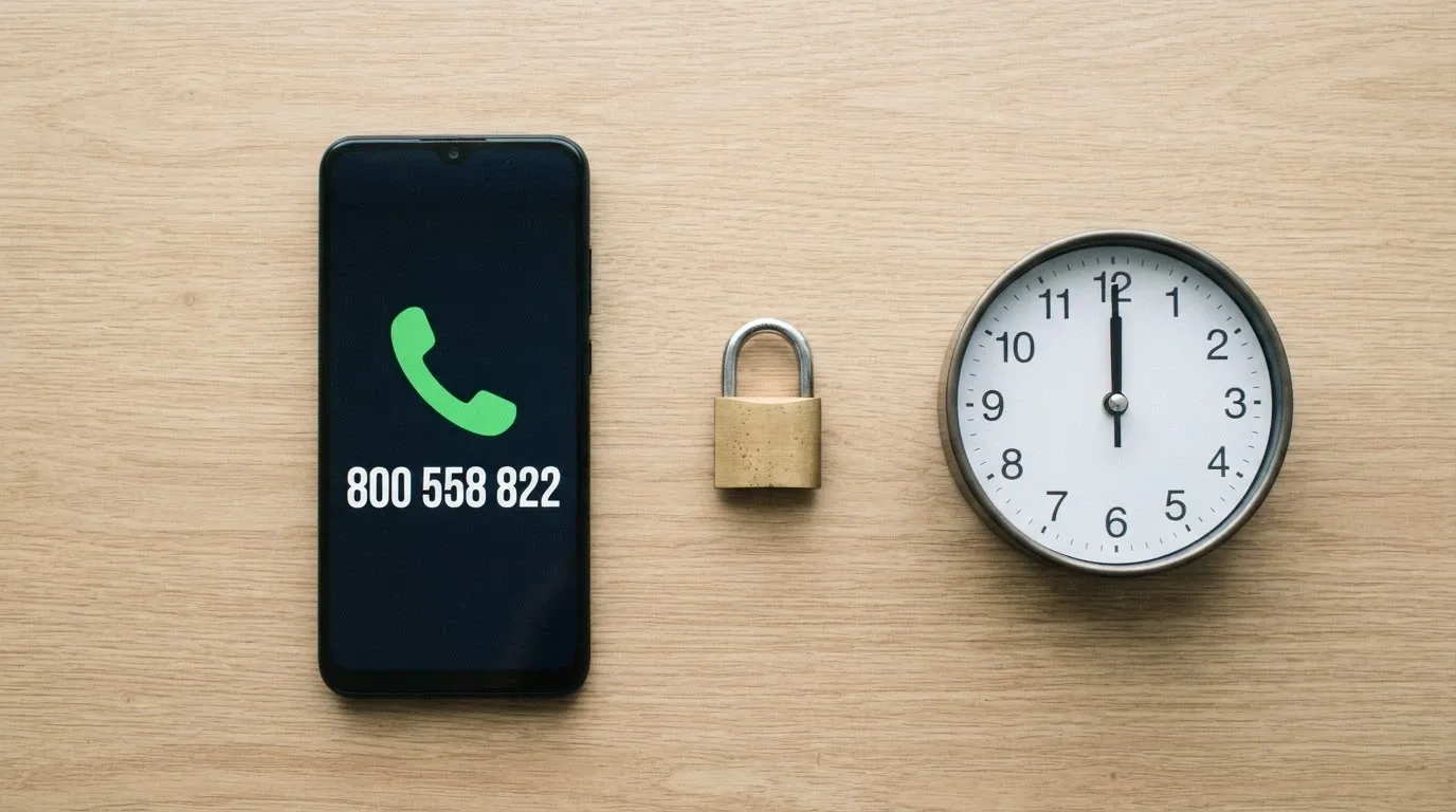 Un telefono con il numero verde in evidenza accanto a un lucchetto e un orologio, su sfondo rassicurante