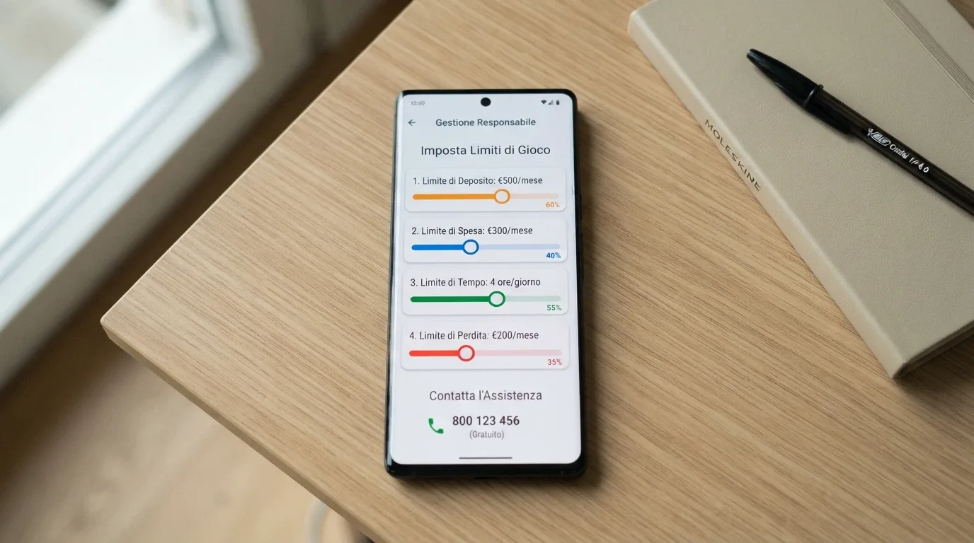 L'interfaccia di un pannello di controllo con limiti di deposito, tempo e perdita, affiancata dal numero verde per il supporto