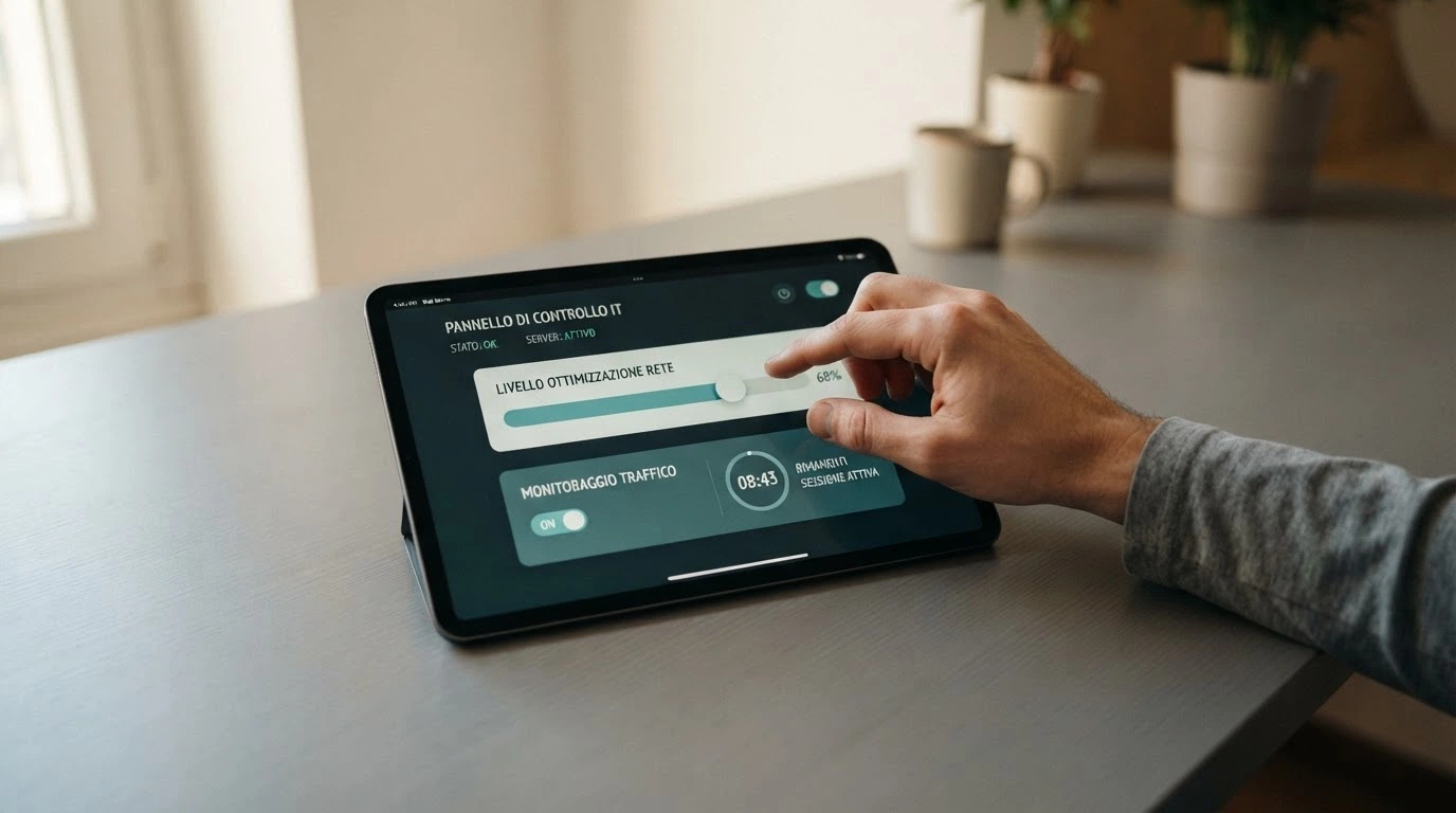 Un pannello di controllo con slider per limite di deposito, interruttore di autoesclusione e cronometro di sessione, su sfondo rassicurante