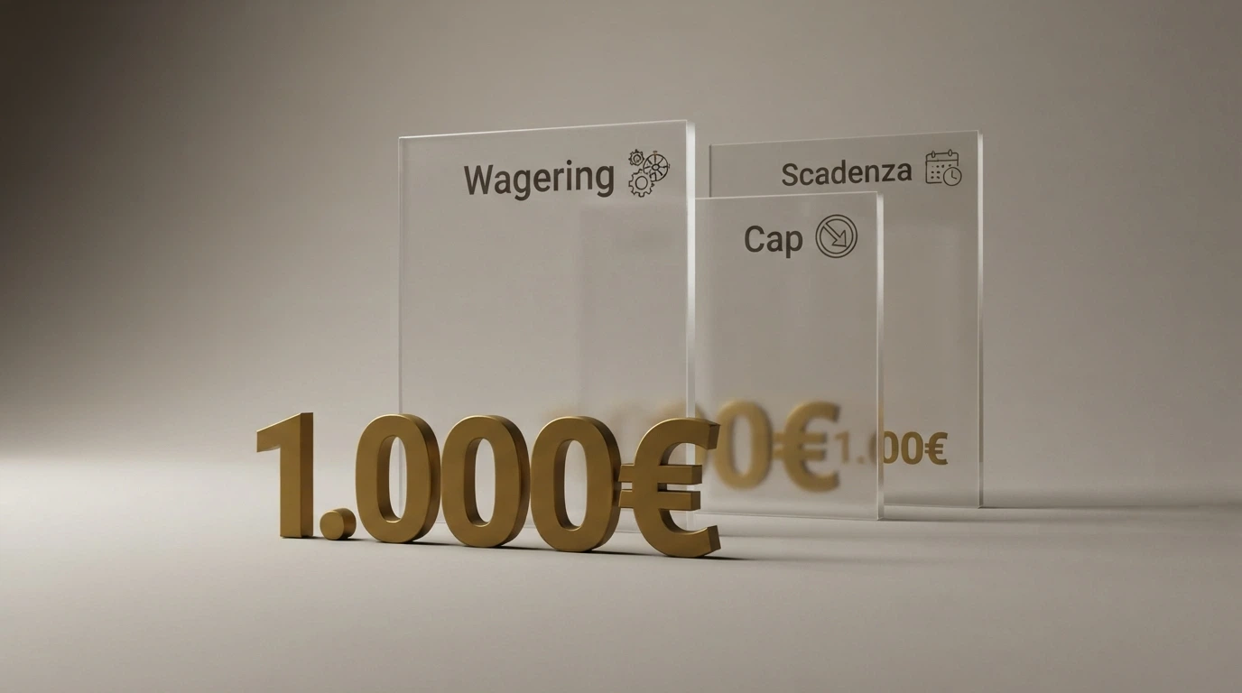 Un'illustrazione a strati: in primo piano la cifra piena del bonus, dietro tre barriere etichettate «Wagering», «Cap conversione» e «Scadenza» che riducono progressivamente l'importo fino a una frazione