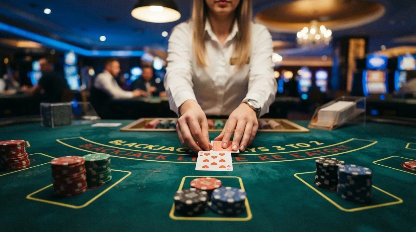Un tavolo da blackjack con croupier dal vivo inquadrato da una prospettiva immersiva, fiches alte in primo piano