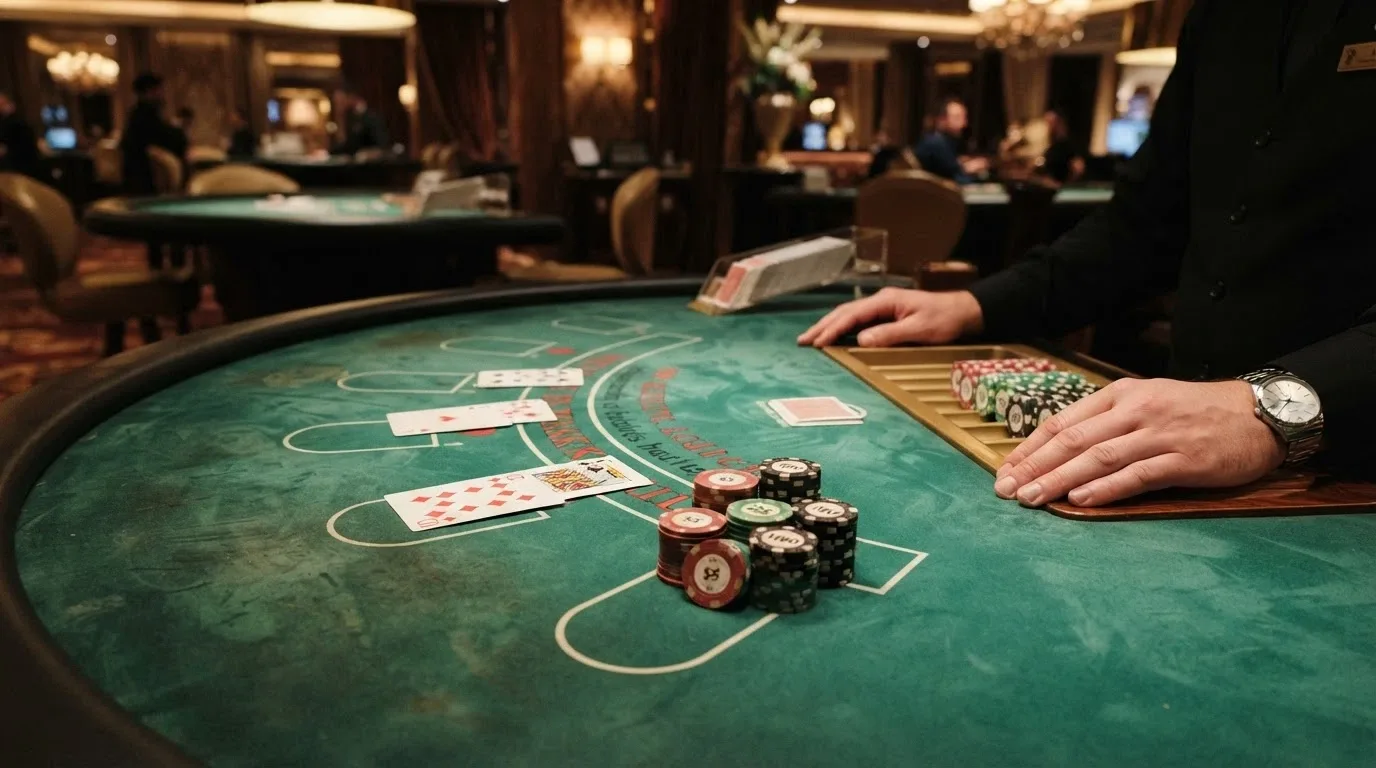 Tavolo di blackjack dal vivo con croupier professionista in un casinò VIP