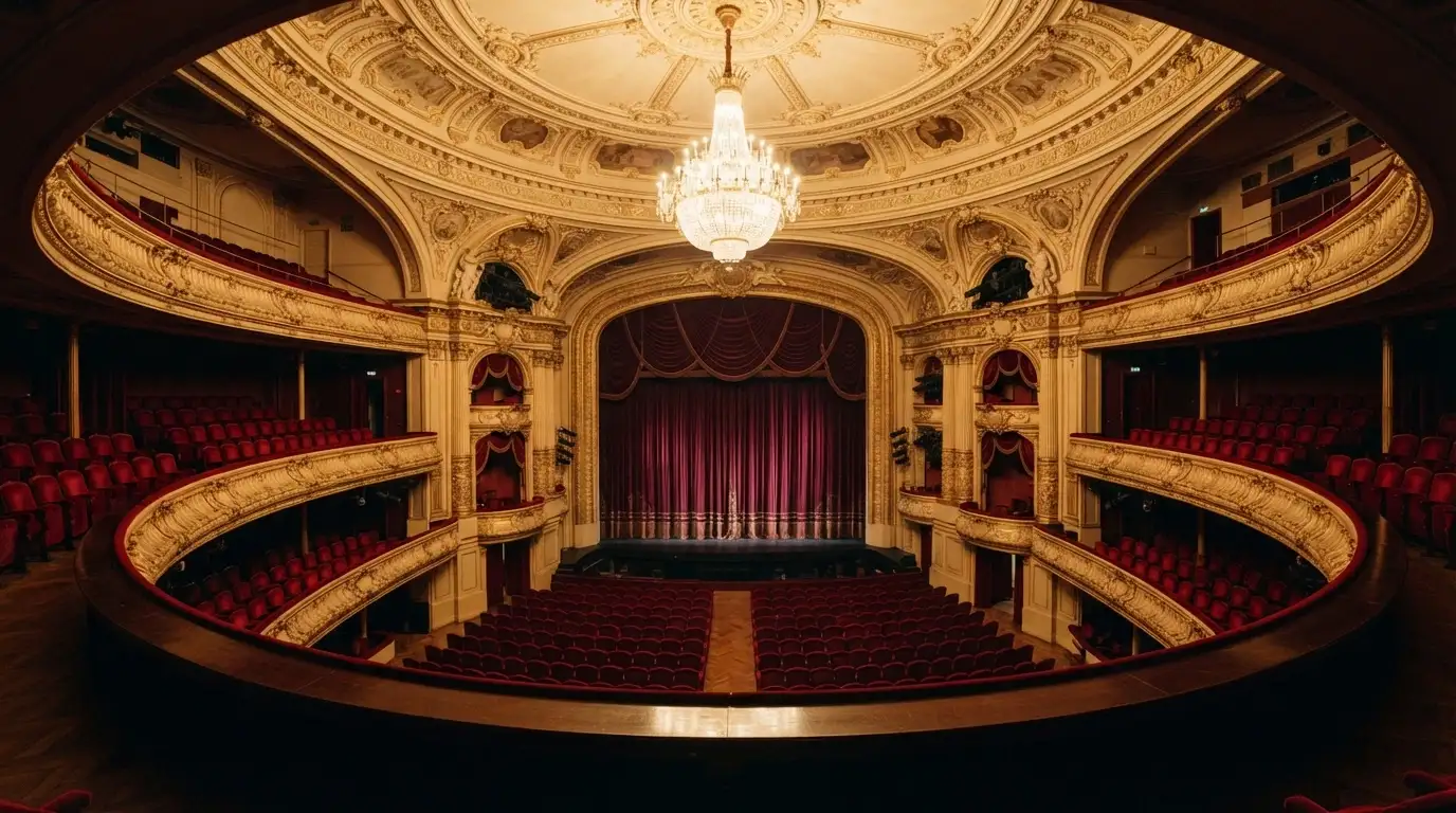 Platea e palco del Teatro dell'Opera del Casinò di Sanremo con poltrone rosse, palchi laterali e sipario chiuso