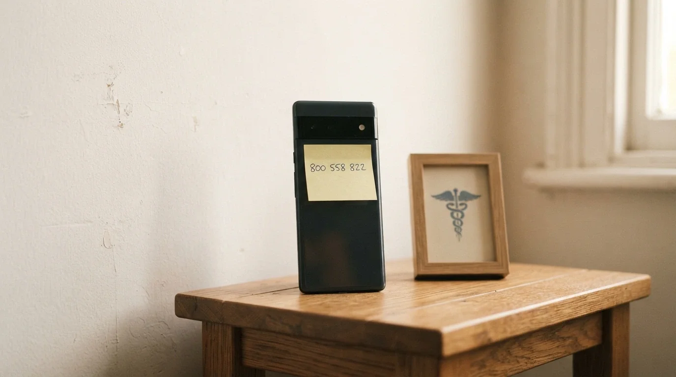 La cornetta di un telefono fisso con il numero 800 558 822 appuntato su un post-it, accanto al logo dell'Istituto Superiore di Sanità