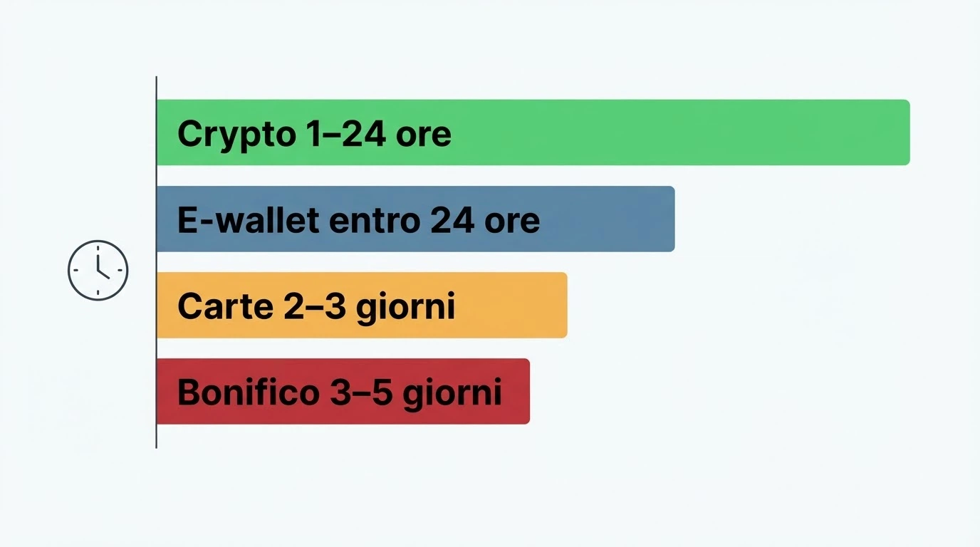 Un cronometro suddiviso in quattro barre colorate: crypto (verde, 1-24 ore), e-wallet (blu, entro 24 ore), carte (arancione, 2-3 giorni), bonifico (rosso, 3-5 giorni)