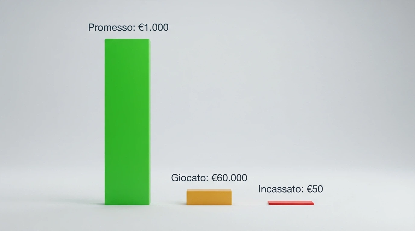 Un grafico a tre barre con le etichette «Promesso: €1.000», «Giocato: €60.000» e «Incassato: €50», dove l'ultima barra è drammaticamente più corta