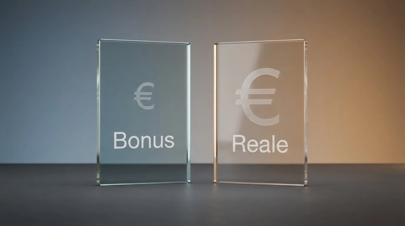Due saldi affiancati sullo schermo di un casinò: «Saldo Bonus (non prelevabile)» e «Saldo Reale (prelevabile)» con importi diversi