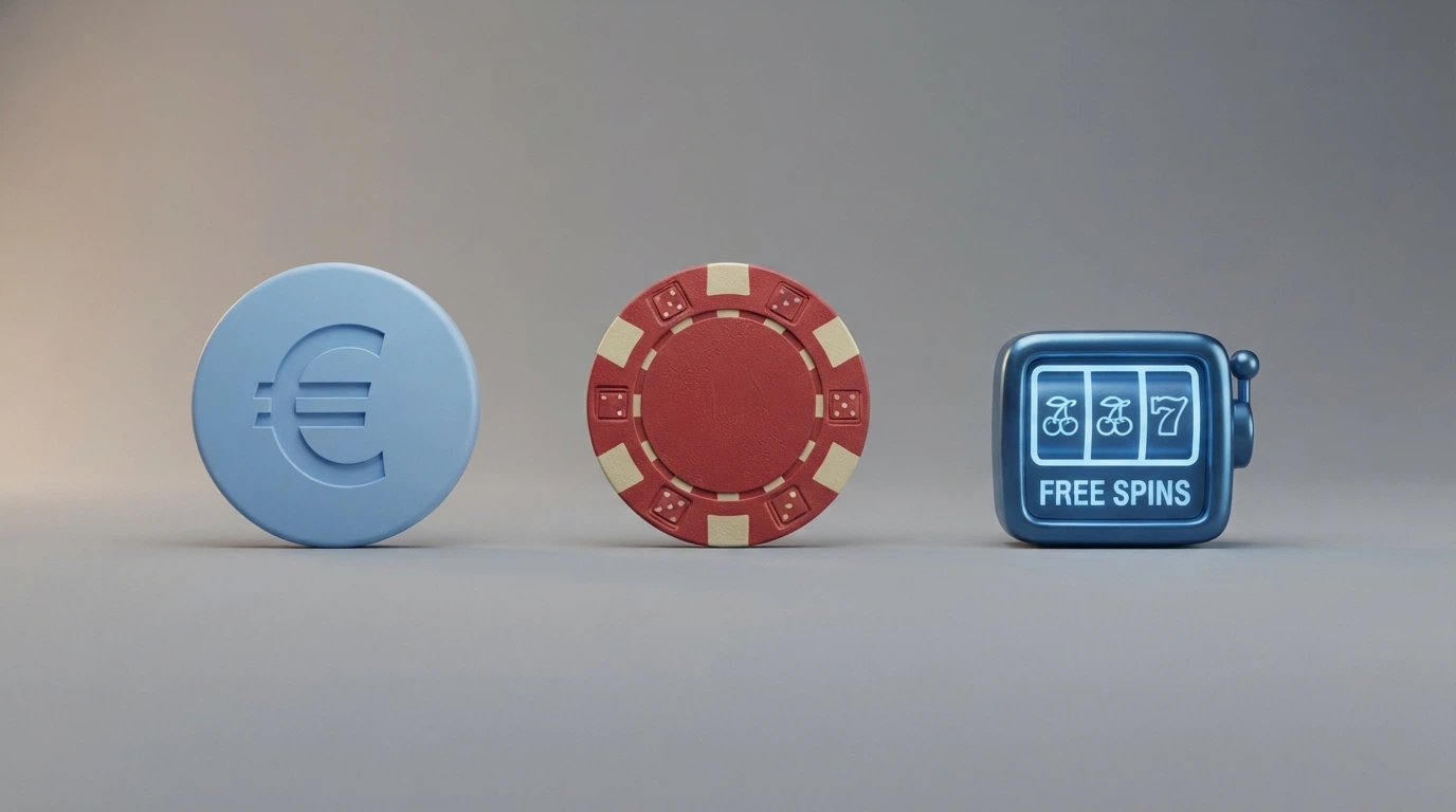 Tre icone affiancate nell'interfaccia di un casinò: un credito virtuale, una moneta reale e un simbolo di free spin