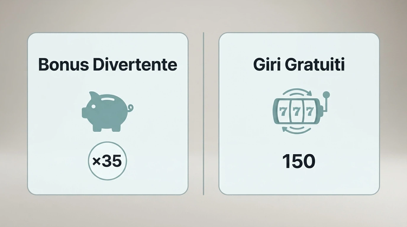 Due colonne affiancate: a sinistra un pannello «Fun Bonus» con l'icona di un salvadanaio e un moltiplicatore, a destra un pannello «Giri Gratuiti» con l'icona di una slot in movimento e un contatore
