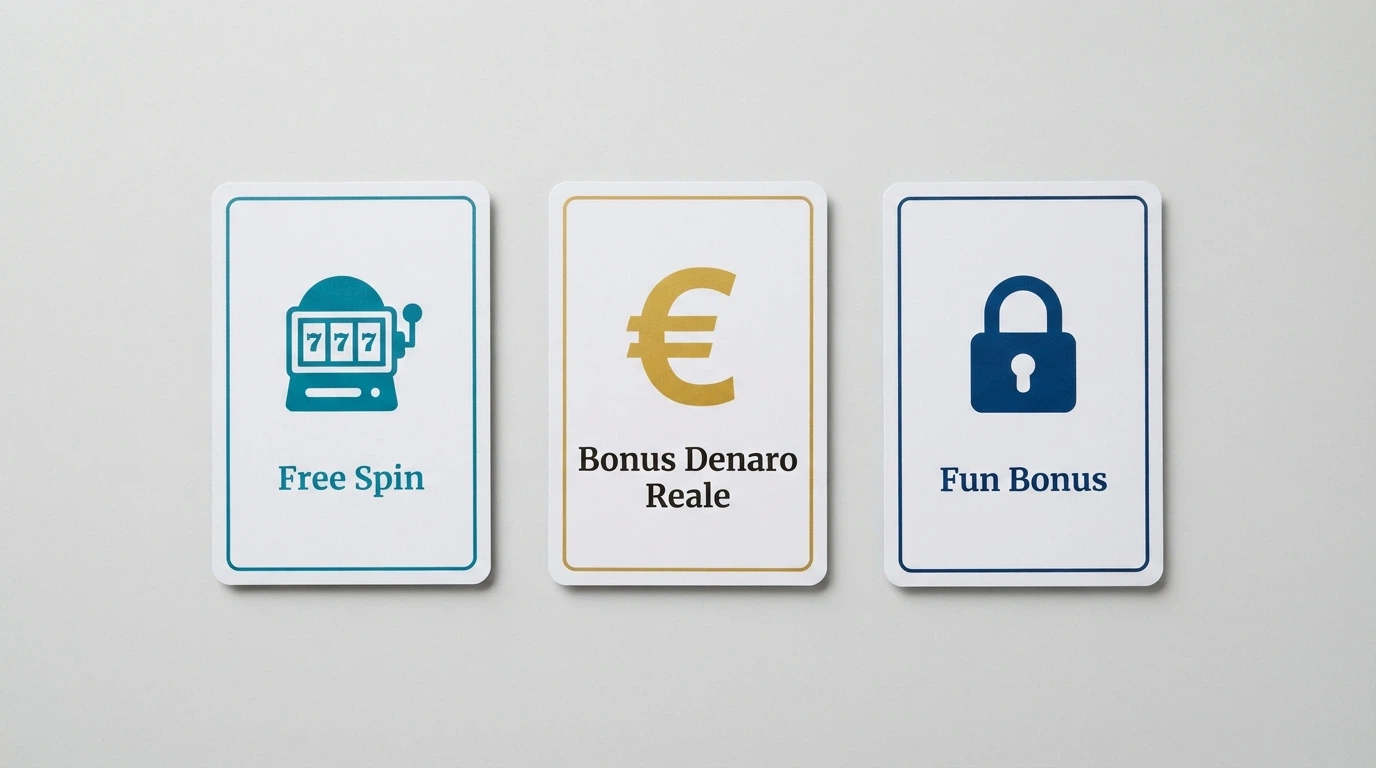 Tre carte disposte su un tavolo: la prima mostra l'icona di una slot machine con la scritta «Free Spin», la seconda un simbolo dell'euro con «Bonus Denaro Reale», la terza un lucchetto con «Fun Bonus»