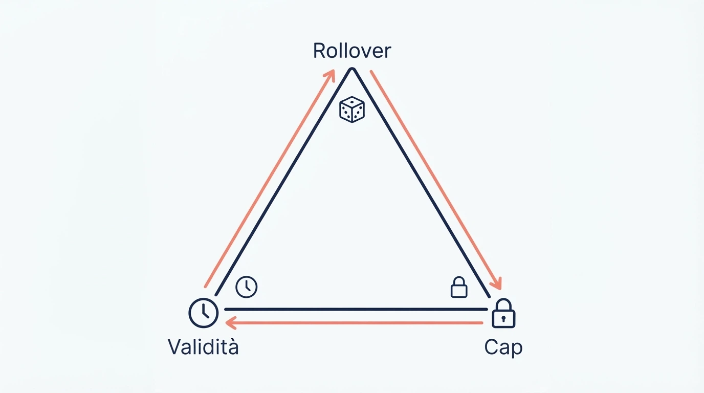 Un diagramma a triangolo con rollover, validità e cap ai tre vertici, e una freccia che percorre il perimetro a mostrare il ciclo obbligato