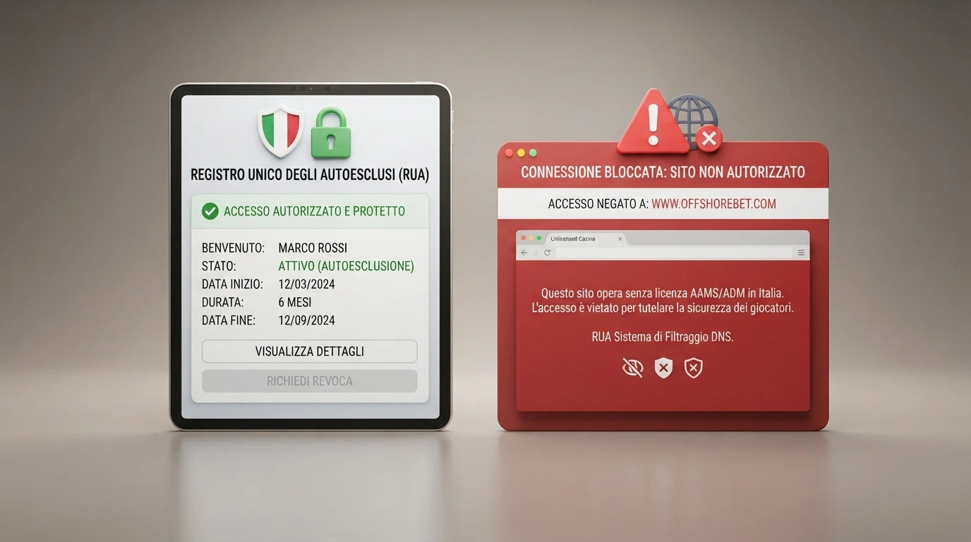 Un confronto visivo tra l'interfaccia del portale RUA (Registro Unico Autoesclusi) e un sito offshore bloccato dal DNS