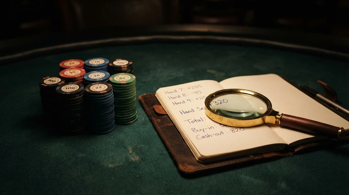 Una calcolatrice accanto a una pila di fiches da casinò con una lente di ingrandimento sopra