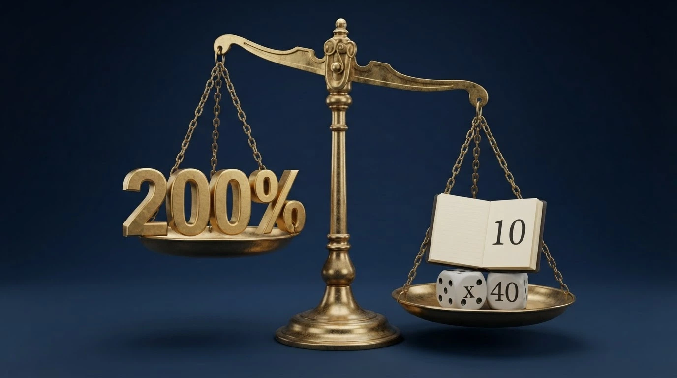 Una bilancia a due piatti: su uno la scritta «200%» in grande, sull'altro «x40 rollover» e «10 giorni» — il secondo piatto pesa di più