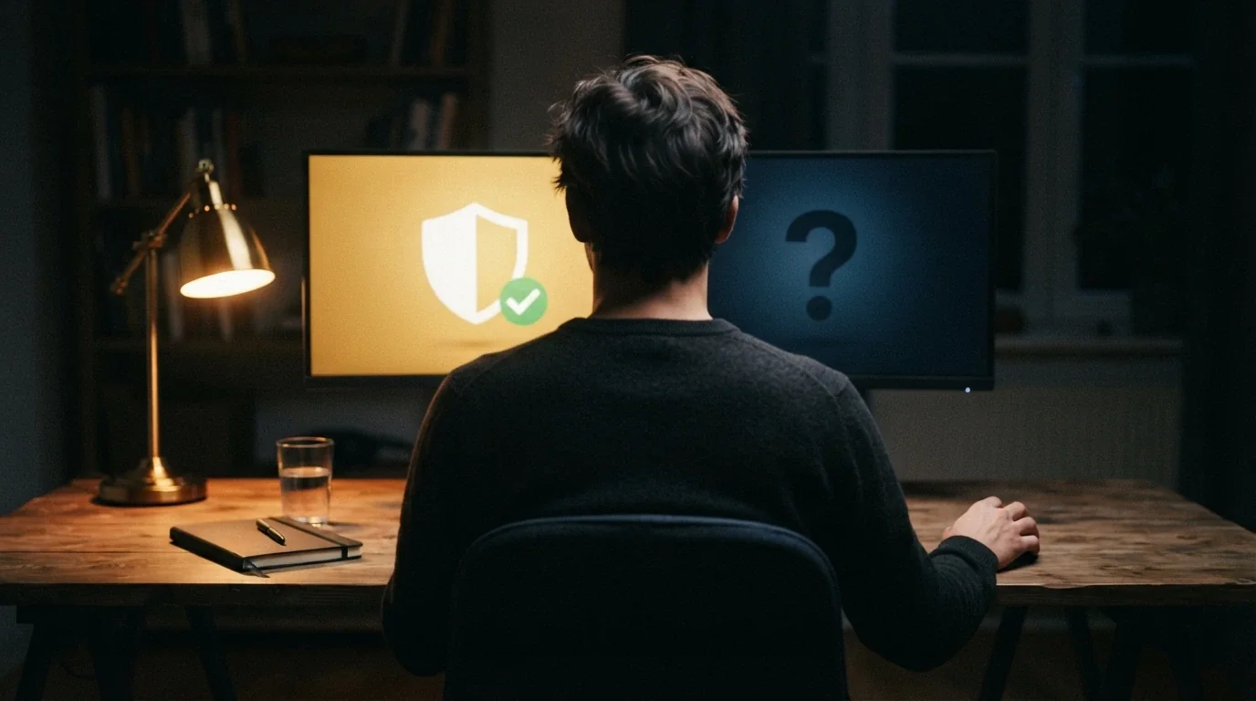 Un giocatore davanti allo schermo del computer con il dito sul mouse, tra due percorsi: uno illuminato con lo scudo ADM, l'altro in ombra con un punto interrogativo