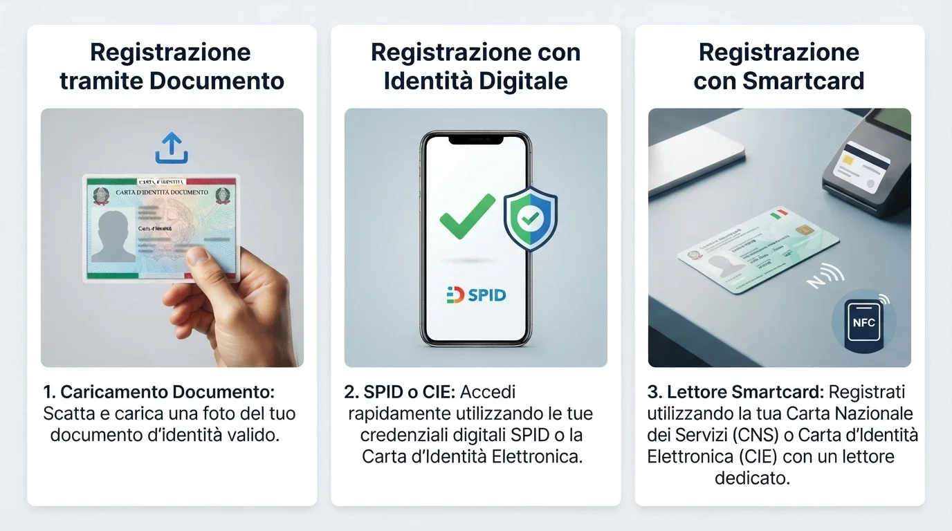 Tre canali di accesso affiancati: a sinistra un modulo di caricamento documento, al centro il logo SPID con una spunta verde, a destra una carta CIE con lettore NFC