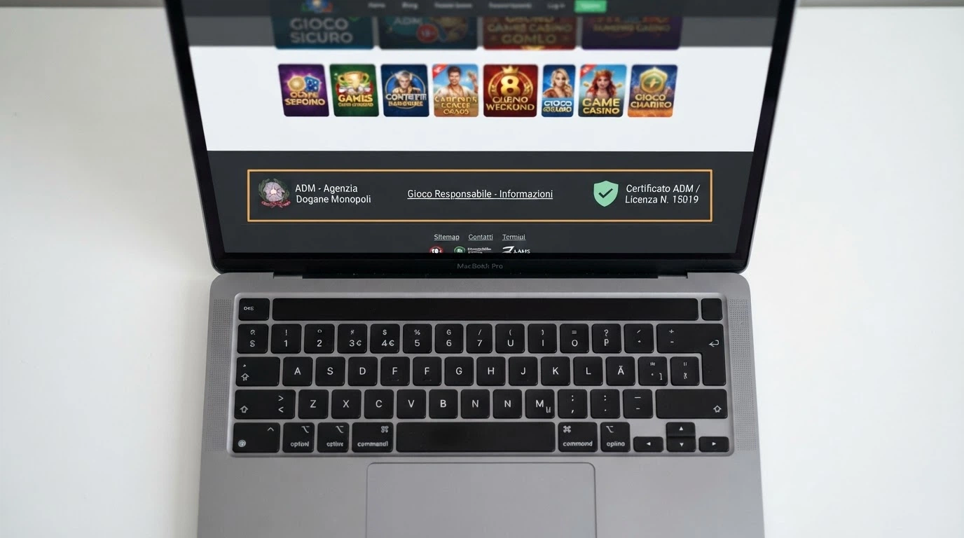 Un primo piano del footer di un sito di casinò autorizzato, con il logo ADM, il numero di concessione e il link al RUA evidenziati in un riquadro