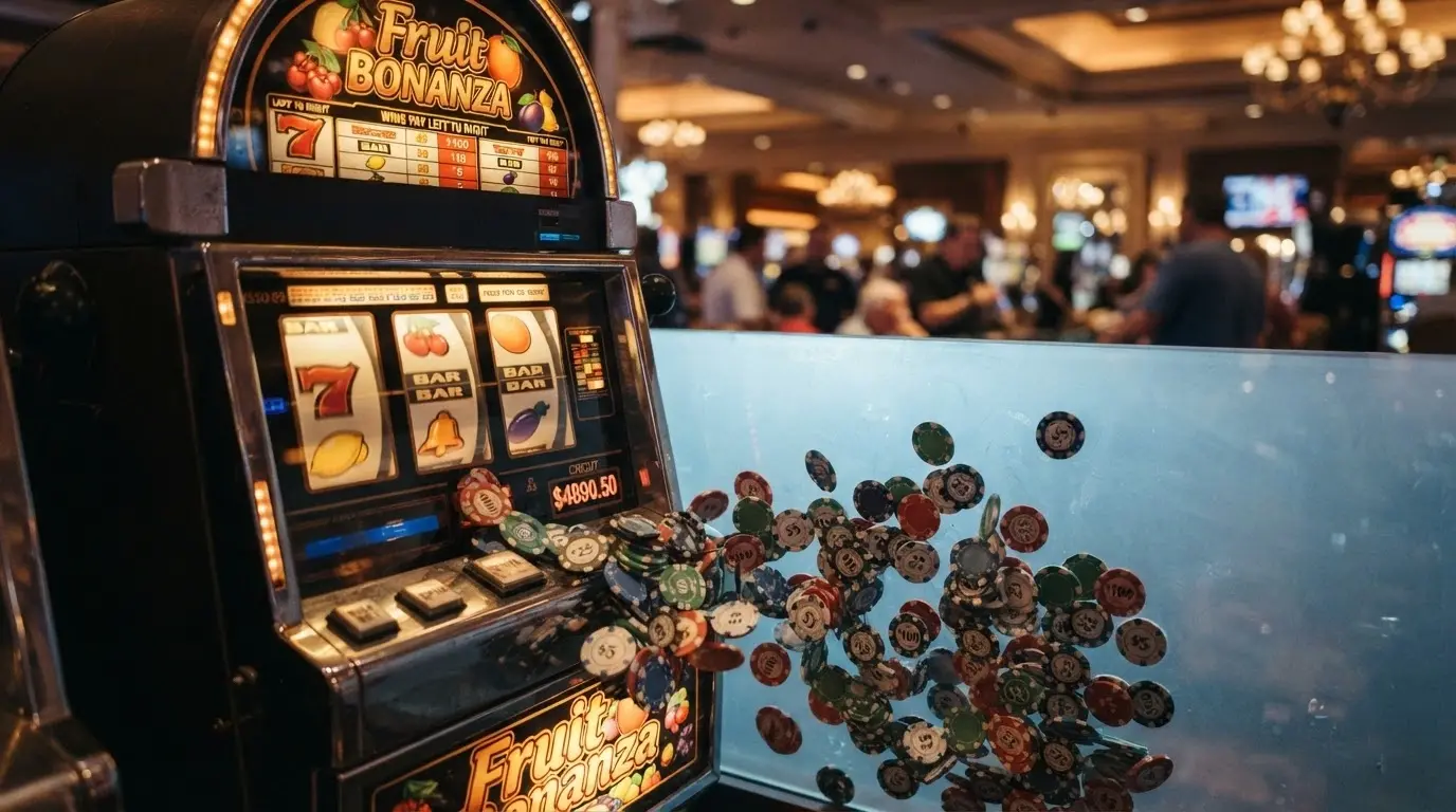 Una slot machine con i rulli in movimento e una cascata di monete che però si fermano contro una barriera trasparente con la scritta «requisiti di scommessa»